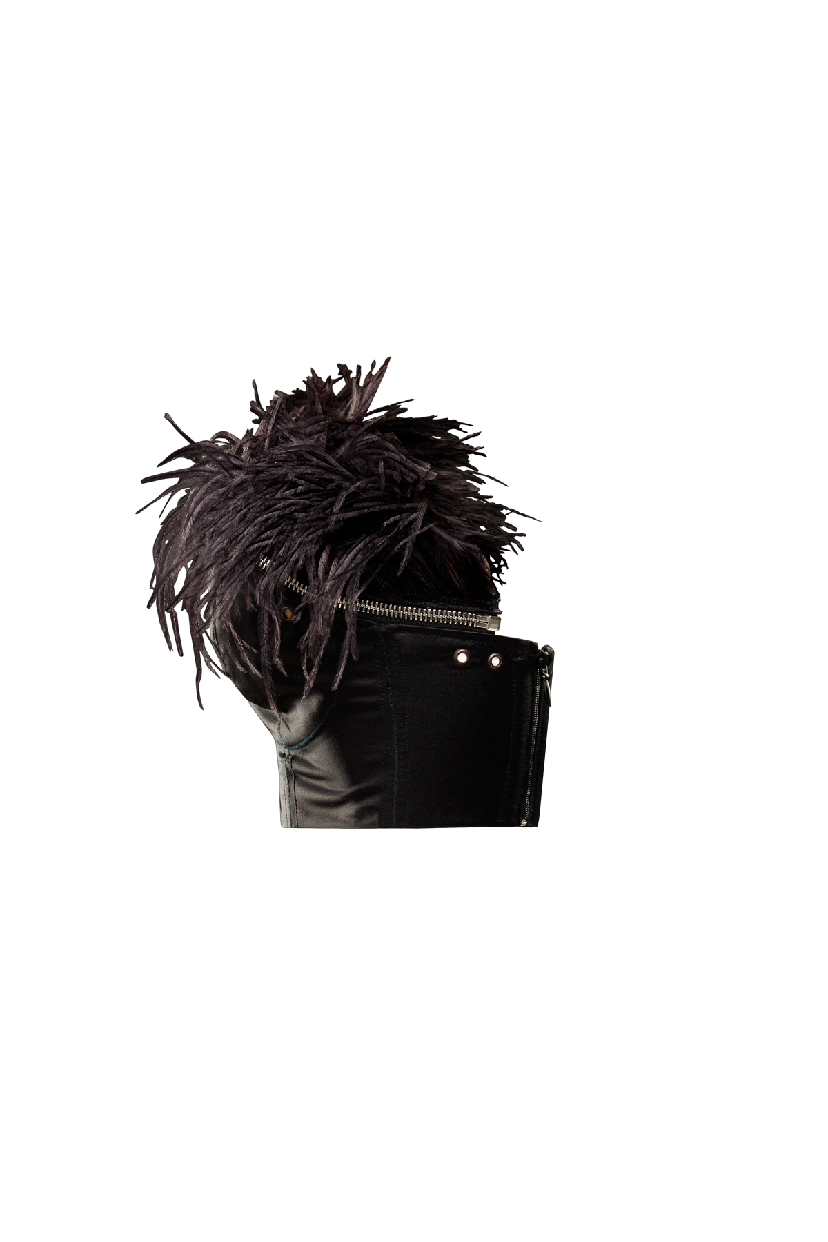 corset bustier Antonio Velasco Madrid couture negro raso plumas avestruz cremallera hecho a medida