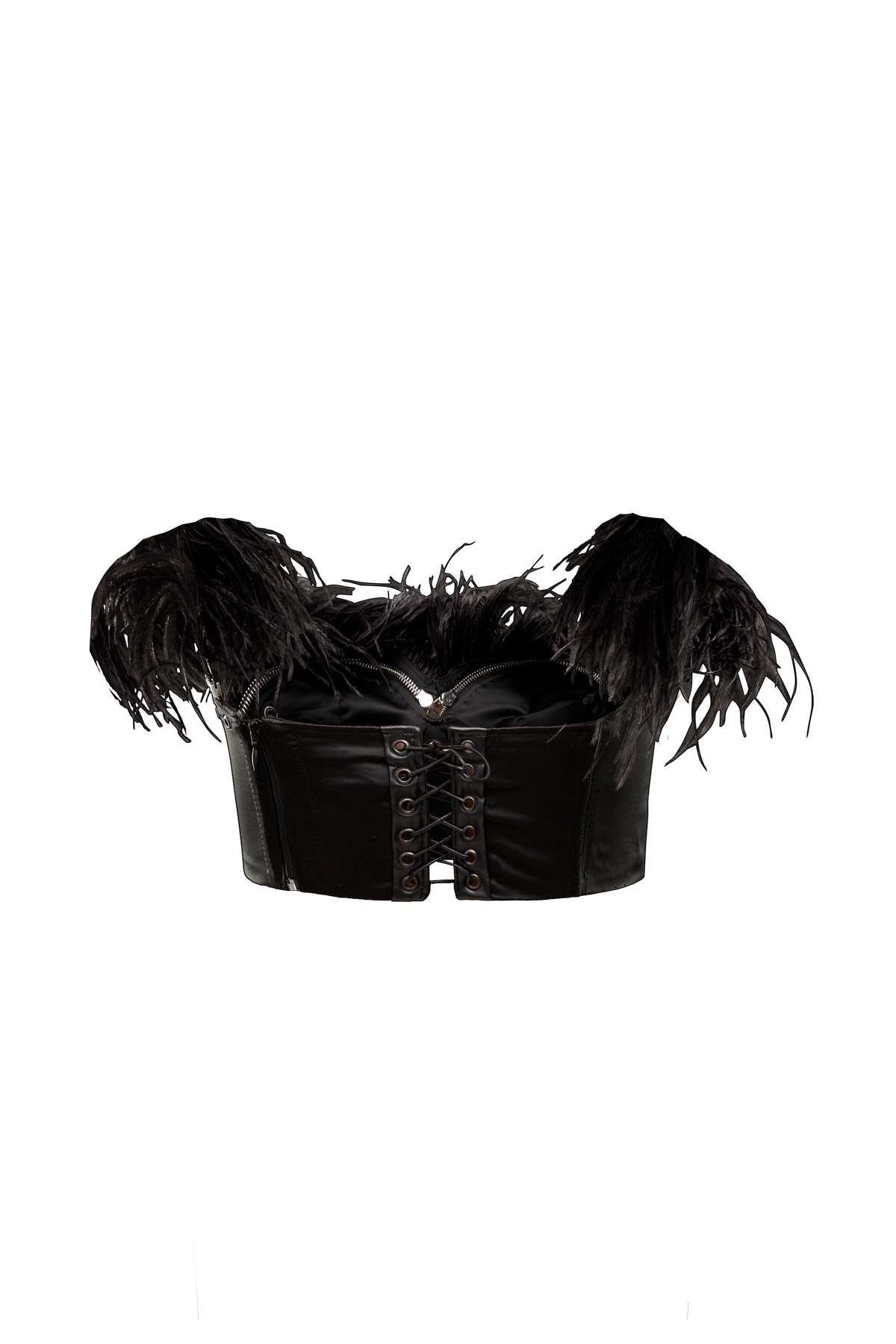 corset bustier Antonio Velasco Madrid couture negro raso plumas avestruz cremallera hecho a medida