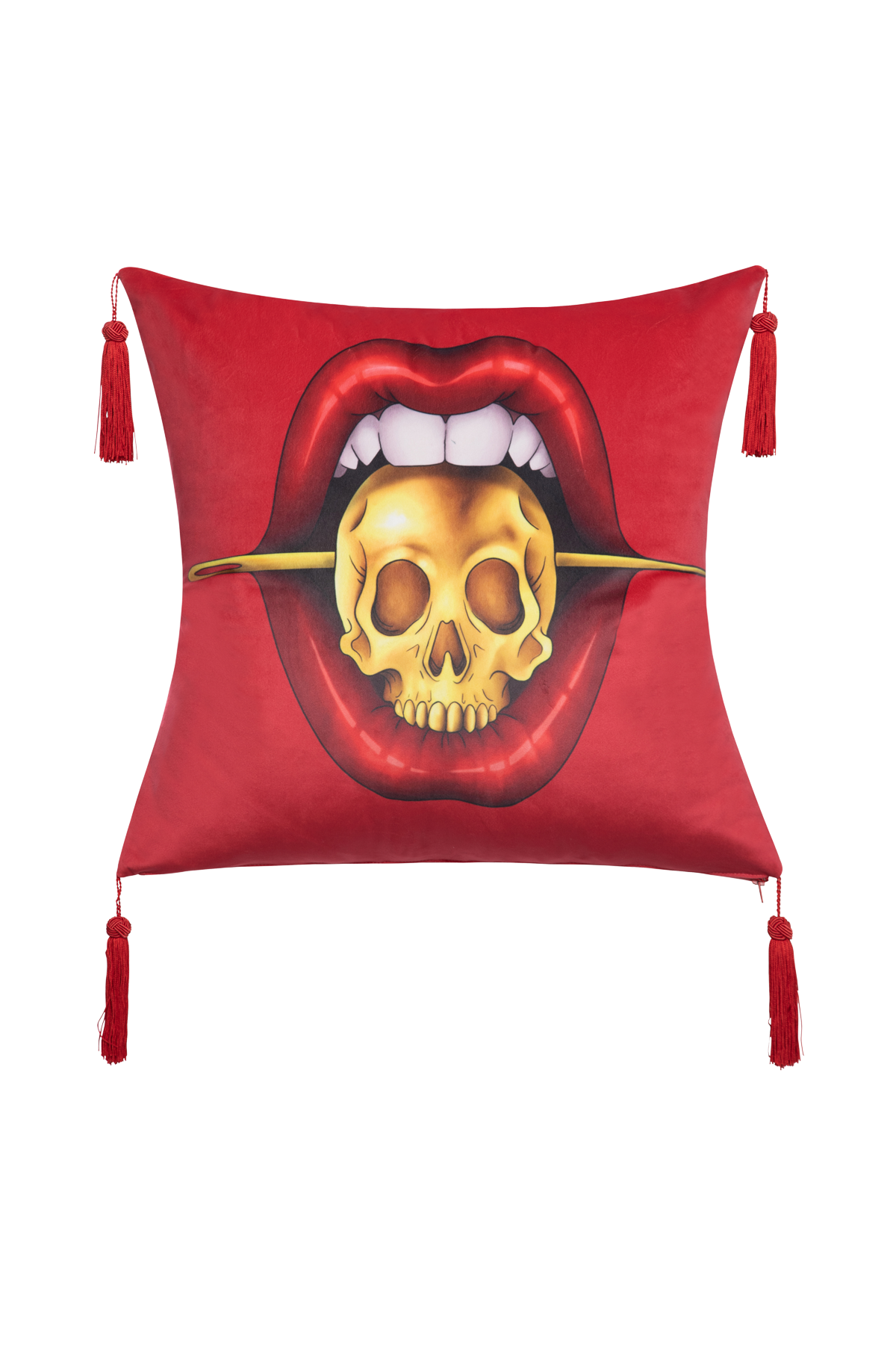 cojín Antonio Velasco Madrid terciopelo borlas rojo calavera boca