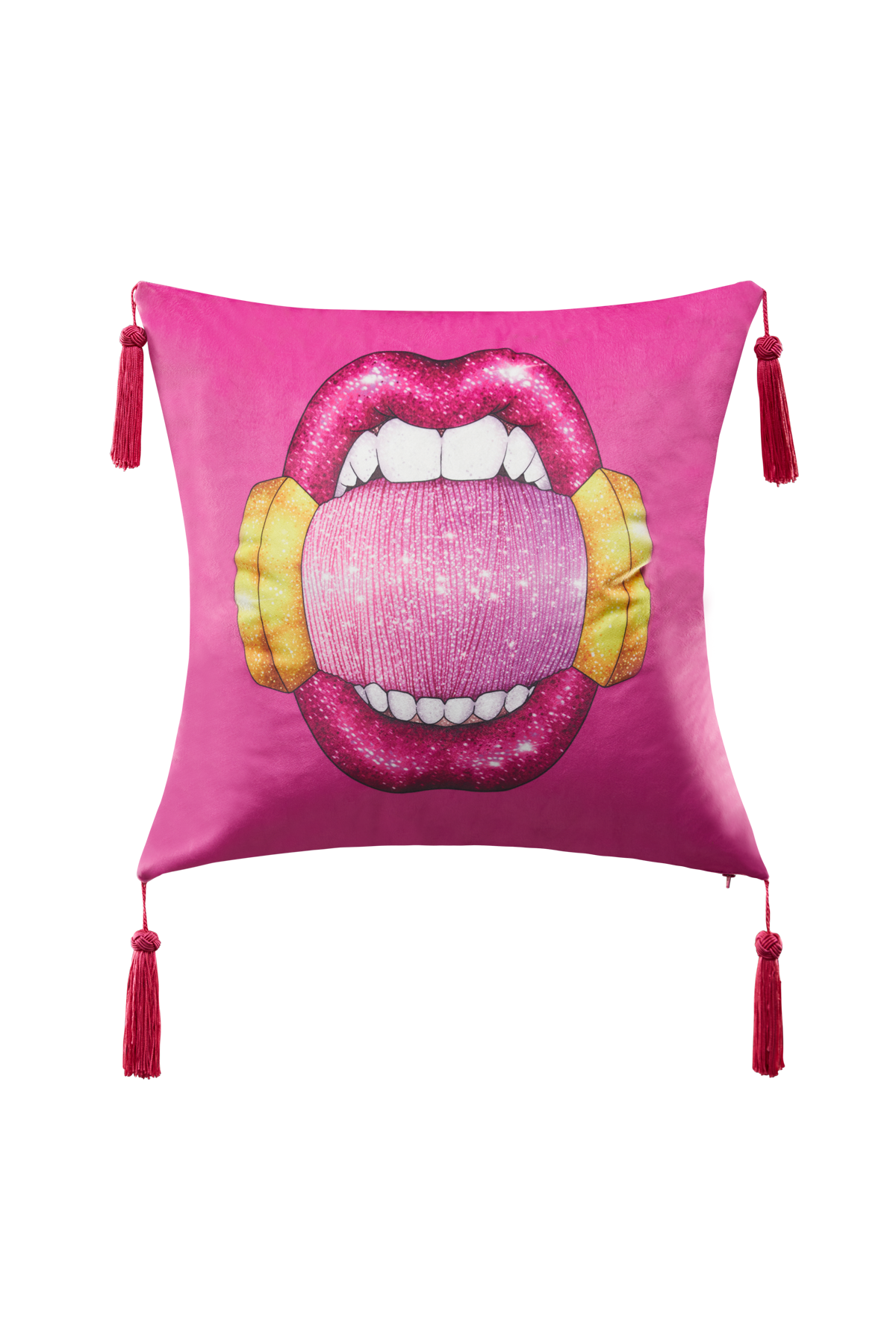 cojín rosa terciopelo glitterally Antonio Velasco Madrid borlas boca Glitterally